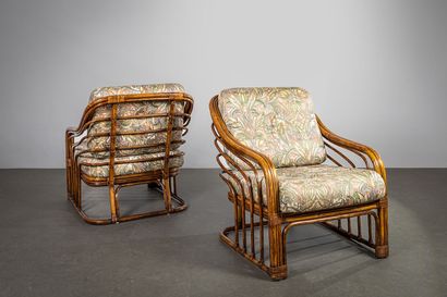 ANNEES 1960 1960'S

Pair of armchairs with rattan structure, 1960's, cushions covered...