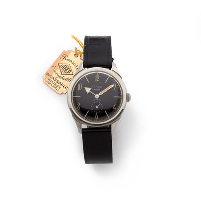 BRABO BRABO
Men's steel and metal wristwatch, circa 1960, black dial, painted Arabic...