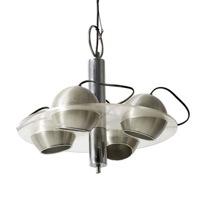 ANNÉES 1970 1970'S
Chandelier with brushed aluminum structure, cylindrical shaft...