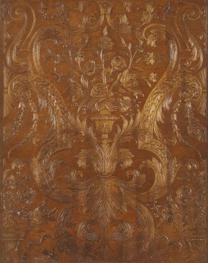PANNEAU DE BOISERIE, STYLE LOUIS XVI Wood paneling decorated with leafy acanthus...