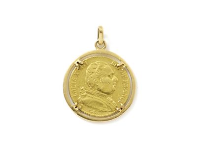 null Pendant in gold 750 thousandth holding a 20 francs gold coin Louis XVIII dated...