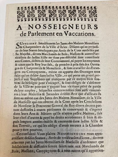 null Menuisiers d’Arles 
Extrait des registres du parlement 1703 
4 feuillets