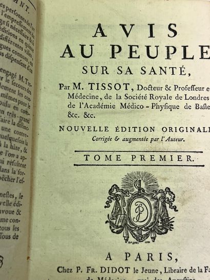 null TISSOT
Avis au peuple sur sa santé. Nouvelle édition. Paris Didot 1779, 2 volumes...