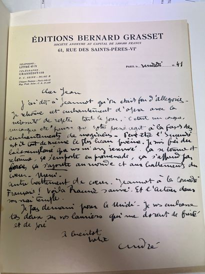 null BEAUREPAIRE André Lettre autographe, signée à Jean Cocteau 1941 une page in4...