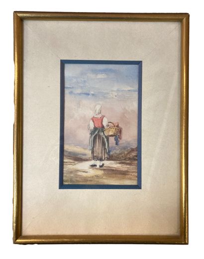 null Ecole provençale. XIXème siècle
Femme au panier
Aquarelle 
15x9 cm (à vue)