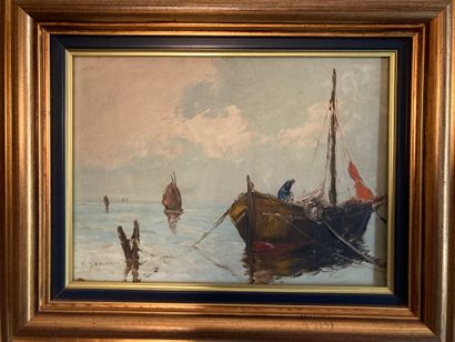 null R DAMIETTE (Xxème siècle)
Pêcheurs en mer
Huile sur toile. Signé en bas à droite
23x32...