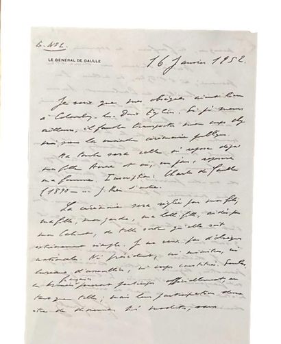 null Fac similé de la lettre du 16 janvier 1952 du Général de Gaulle concernant ses...