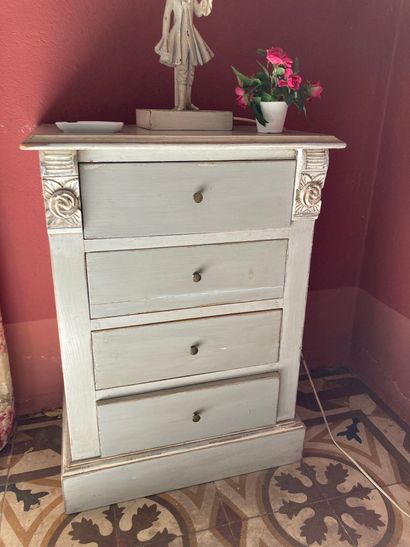 null Pair of bedside tables in molded wood and cream finish opening with four drawers,...