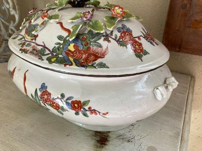 null Soup tureen in polychrome enameled ceramics with applied decorations of birds,...