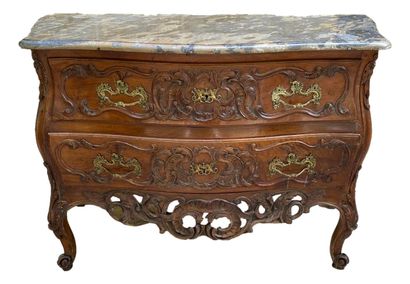 null Nimoise curved walnut chest of drawers, molded and carved with openwork shells,...