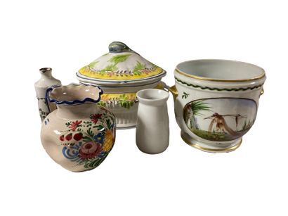 null Ceramic set including a porcelain cache pot painted in polychrome with a fisherman...