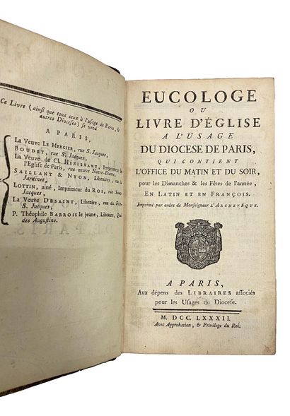null EUCOLOGUE. À l'usage du diocèse de Paris. Les Librairies Associées, 1782; in-8...
