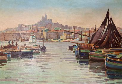 null French school. 20th century
The old port of Marseille
Gouache on isorel. Monogrammed...
