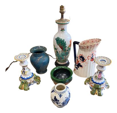 null Ceramic set including: 
-Pair of glazed ceramic candlesticks decorated with...