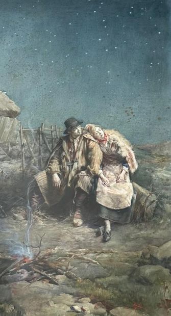 null José ROY (1860-1947)
Shepherd couple at night under a starry sky
Watercolor....