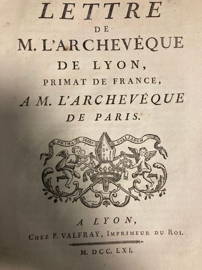 null Lettre de l'archeveque de Lyon à l'archeveque de Paris, Lyon P. Valfray, 1761,...
