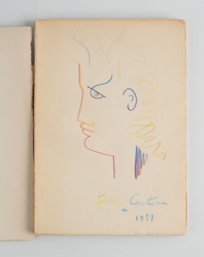 null Jean COCTEAU (1889-1963) 
Profil, 1959
Crayons de couleurs sur la page de garde...