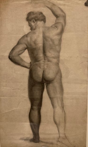 null Ecole française XIXe Académie d’homme de dos Fusain sur papier 46 x 28 cm