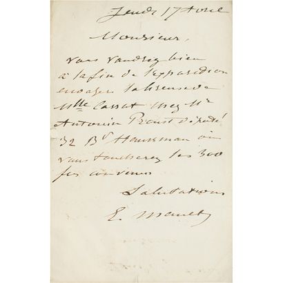 Edouard Manet Autograph Letter Signed on a Mary Cassatt Painting ALS in French, signed... Gazette Drouot