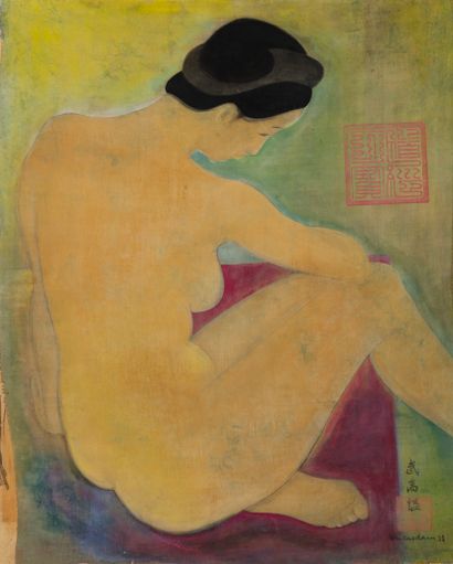  VU Cao Dam (1908-2000). 
Seated nude. 
Ink, gouache on silk, dated 1938, signed... Gazette Drouot