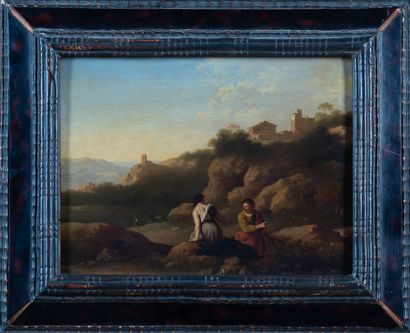  Johannes VAN HAENSBERGEN (1642-1705). 
Paysage italianisant avec un couple de bergers.... Gazette Drouot
