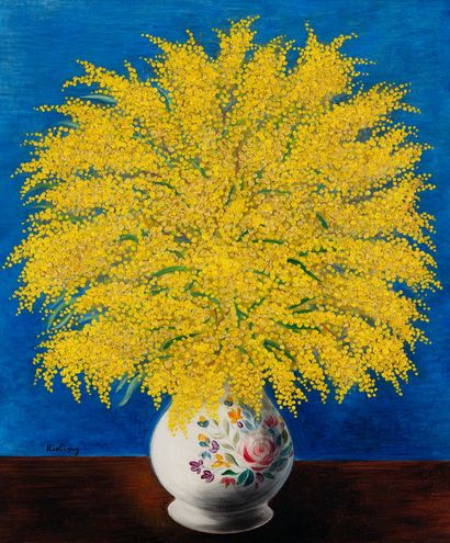  Moïse KISLING (1891-1953). 
Bouquet de mimosas. 
Huile sur toile. Signée en bas... Gazette Drouot