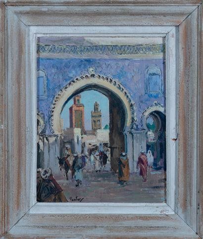  Henri Jean PONTOY (1888-1968). 
La Porte Bab Boujloud à Fès. 
Huile sur panneau... Gazette Drouot