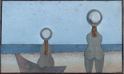  Fernand MICHEL (1913-1999). 
Bathers wearing hats in front of the sea. 
Zinc on... Gazette Drouot