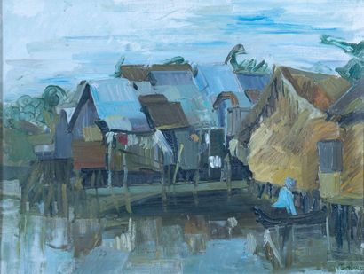  Victor TARDIEU (1870-1937). 
Village flottant au Vietnam. 
Huile sur toile signée... Gazette Drouot