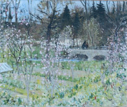  Pierre Eugène MONTEZIN (1874-1946). 
Magnolias en fleurs au printemps. 
Huile sur... Gazette Drouot
