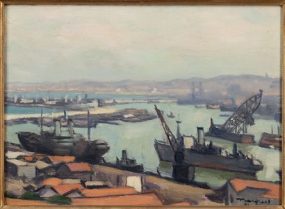  Albert MARQUET (1875-1947). 
Le port avec cargos, Alger.
Huile sur panneau signée... Gazette Drouot