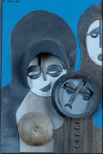  Fernand MICHEL (1913-1999). 
Mother and Child. 
Zinc on partially painted wood panel,... Gazette Drouot