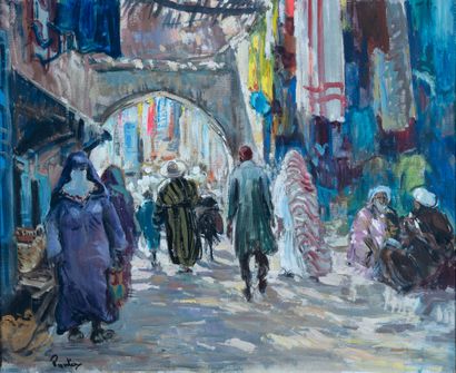  Henri Jean PONTOY (1888-1968). 
Souk de Marrakech. 
Huile sur toile signée en bas... Gazette Drouot