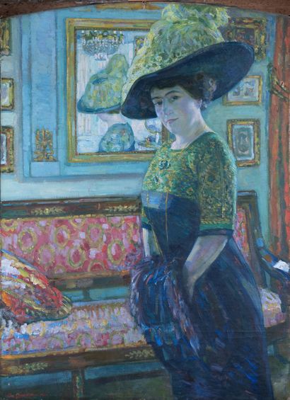  Augustin CARRERA (1878-1952). 
Portrait d'élégante au chapeau. 
Huile sur toile... Gazette Drouot