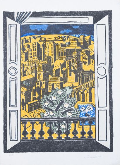  Vincent BIOULES (né en 1938). 
Vue de Montpellier. 
Estampe en couleurs sur papier... Gazette Drouot