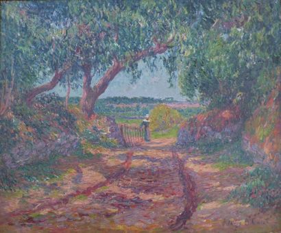 Henry MORET (1856-1913) Bretonne à la haie, chemin creux à Riec, Finistère, 1899... Gazette Drouot