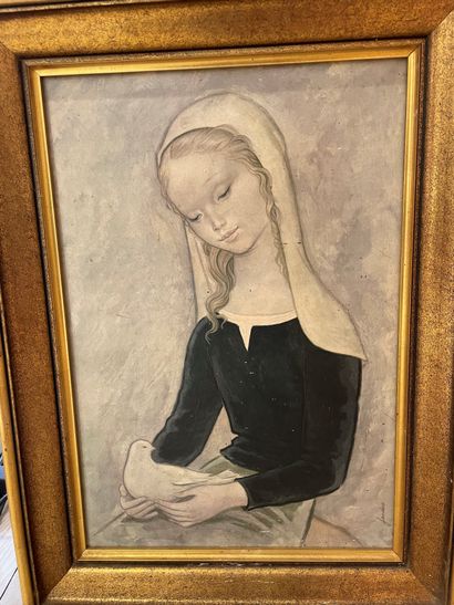 null JANCO, 20th century school: 

Young girl with a dove. 

Oil on panel signed...