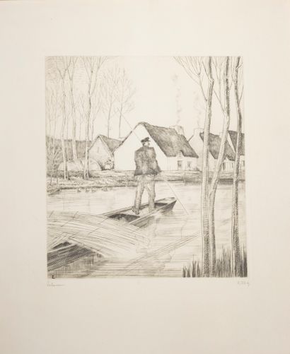 null Jean-Emile LABOUREUR (1877-1943) : 

L'homme à la barque. 

Eau-forte signée...