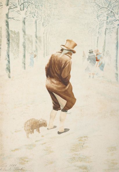 null Auguste-Emile FLICK (né en 1847) : 

Promeneurs en hiver. 

Aquarelle sur papier...