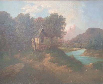 null School of the XIXth century: 

Landscape with a river on a mountain background....