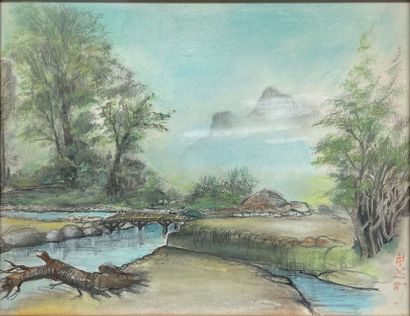 null School of the XXth century: 

Lot of three landscapes of Indochina (?). 

Watercolor...
