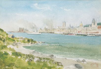 null Gaston ROULLET (1847-1925) : 

Port of Montreal. 

Watercolor on paper, bears...