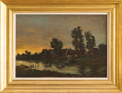 null Karl DAUBIGNY (1846-1886): 

Young Woman near the Village and the River, 1865....