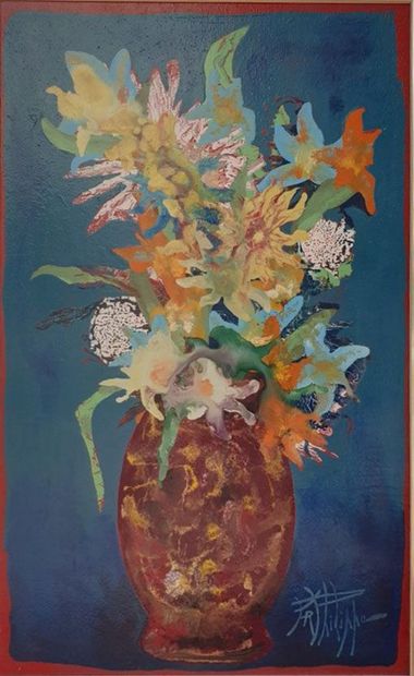 null François PHILIPPE (1920-) : 

Vase de fleurs sur fond bleu

Huile sur carton...