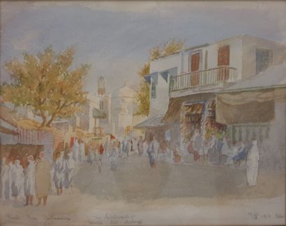 null Orientalist school, early 20th century: 

Tunis, Halfaouine Square, 1910. 

Watercolor...