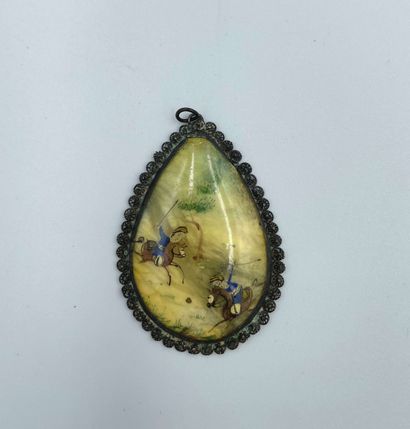 null Pendant in the shape of drop decorated with a Persian miniature representing...