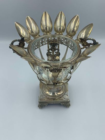 null Silver jam dish complete with its twelve silver spoons (925), original glass...