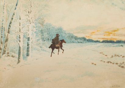 null Auguste-Emile FLICK (born in 1847): 

Rider in the snow. 

Watercolor on paper...