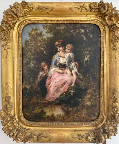  Paul VERNON (1796-1875) : 
Jeune bohémienne et ses enfants en forêt de Fontainebleau....