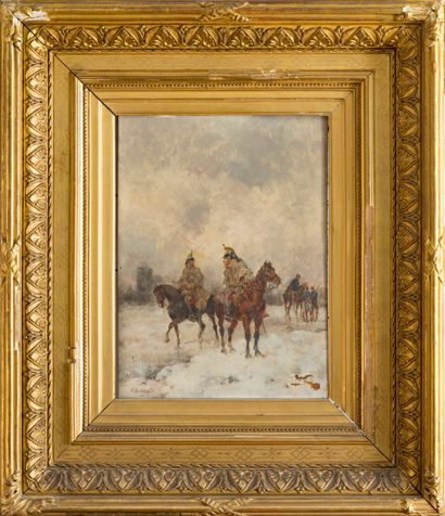 null Emile BENASSIT (1833-1902): 

Riders at the military camp. 

Oil on panel signed...